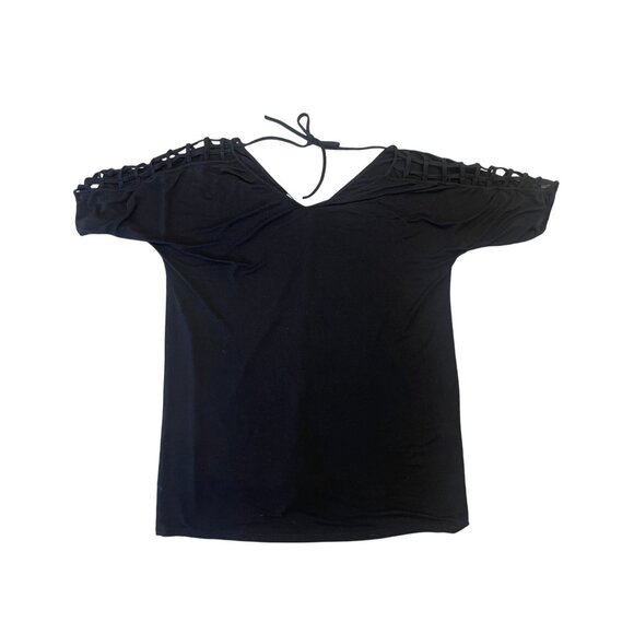 black tunic double V short sleeve open weave ladder accent swim cover top - Picture 1 of 6